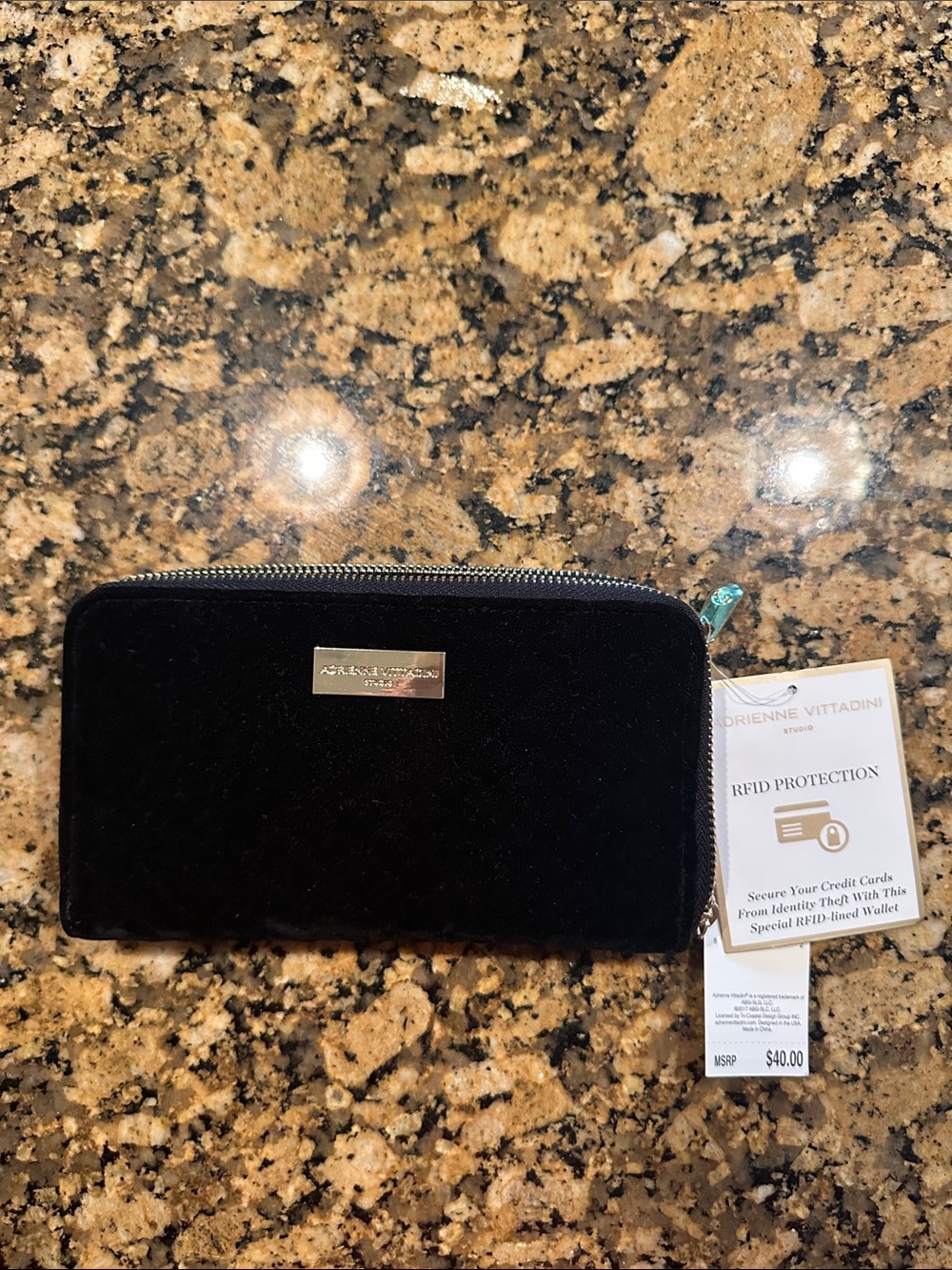 Adrienne Vittadini Black Velvet Zip Wallet with Gold Plaque RFID-lined